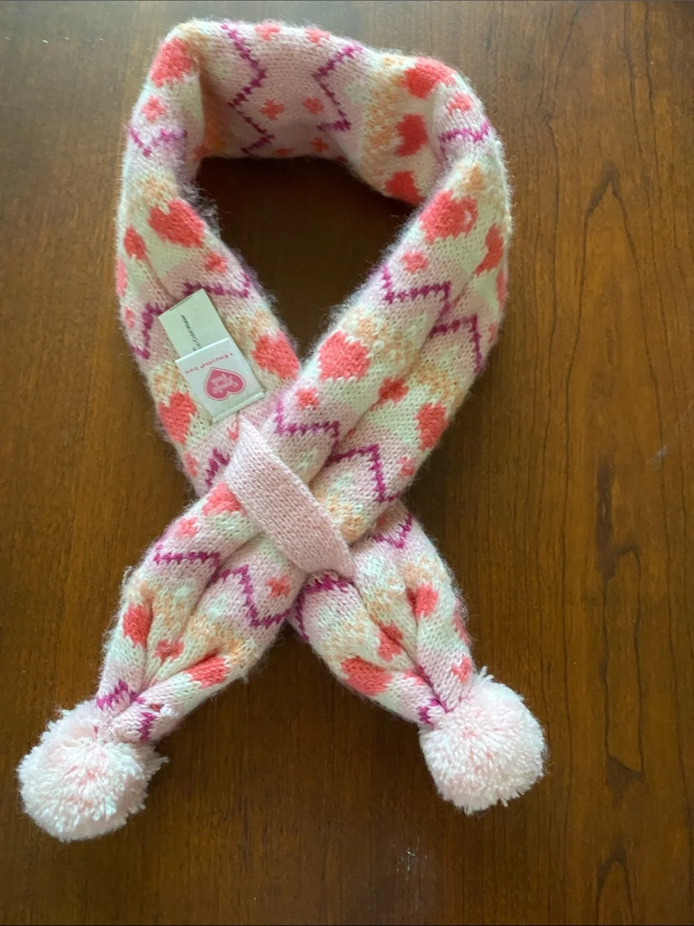 Pink Heart Knit Scarf with Pom-Poms